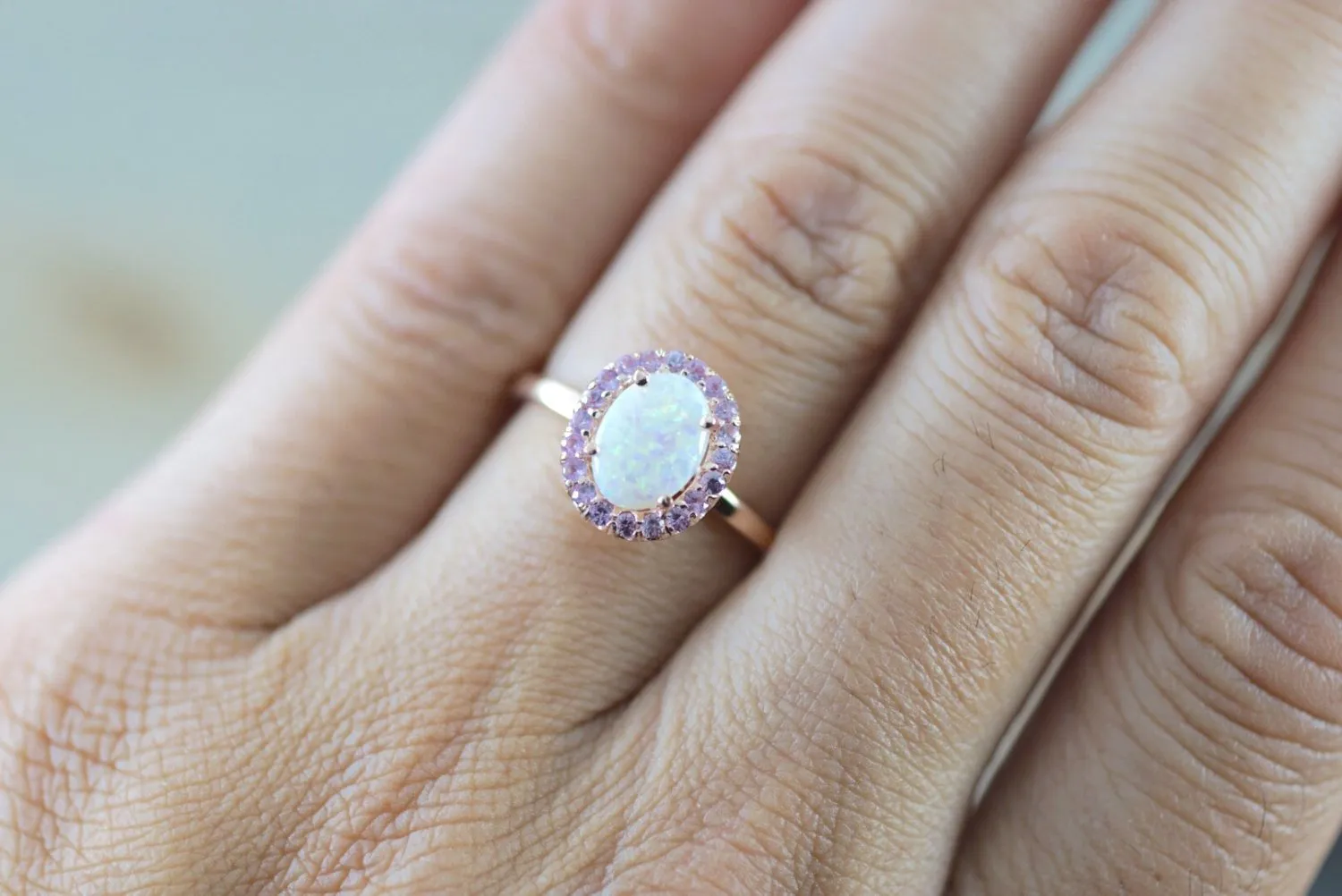 14k Rose Gold Oval Fire Opal And Pink Sapphire Halo Engagement Love Anniversary Ring