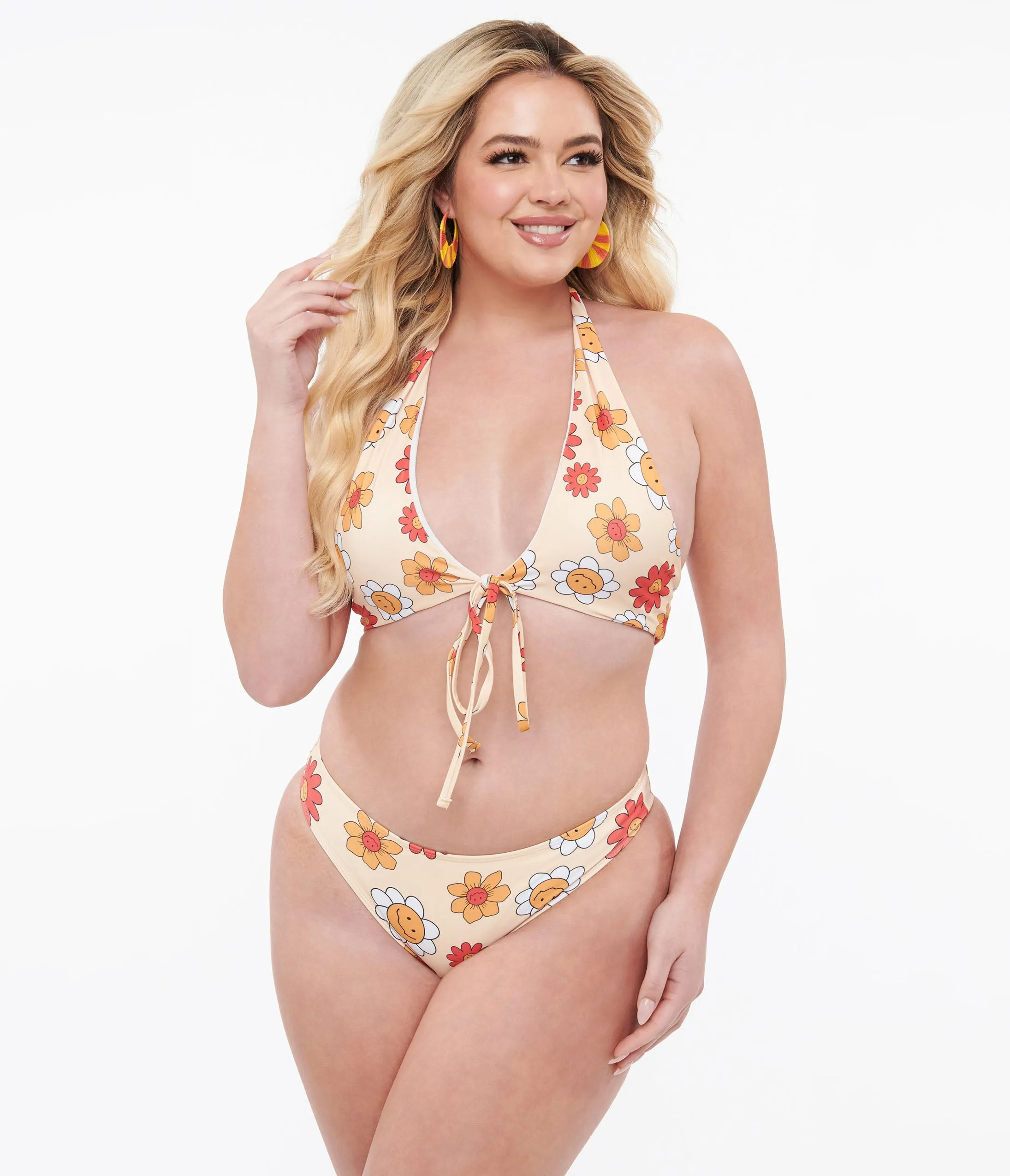 1970s Yellow & Happy Face Floral Print Three Piece Swim Set