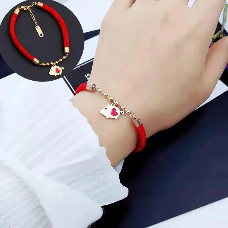 2019 Hot European Fashion Jewelry Titanium steel cartoon red rope love piglet bracelet Crystal from Swarovski Women and female