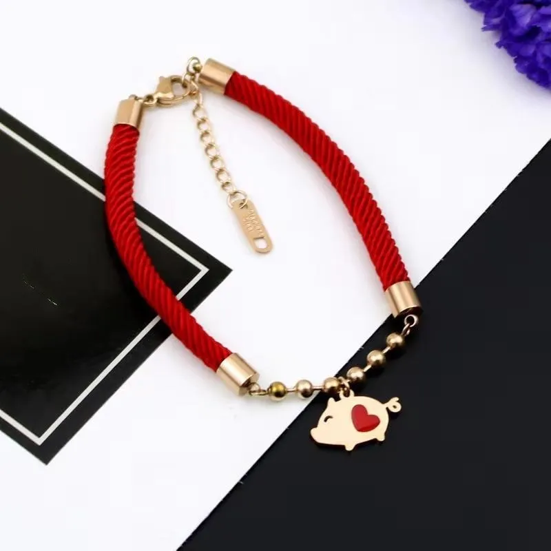 2019 Hot European Fashion Jewelry Titanium steel cartoon red rope love piglet bracelet Crystal from Swarovski Women and female