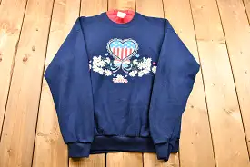 90s Made in USA Graphic Crewneck / American Heart & Flowers Print / Vintage Graphic Tee / Made in USA / Double Collar / American