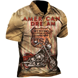 American Flag Motorcycle Vintage Print Men's Polo Neck Short Sleeve T-Shirt