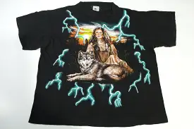 American Thunder Native American Woman & Wolf Lighting Vintage 90's Sunrise T-Shirt