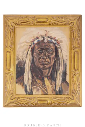 Art, Portrait, Oil on Board, Native American Warrior, Handmade Frames, Unsigned, Vintage, 1125