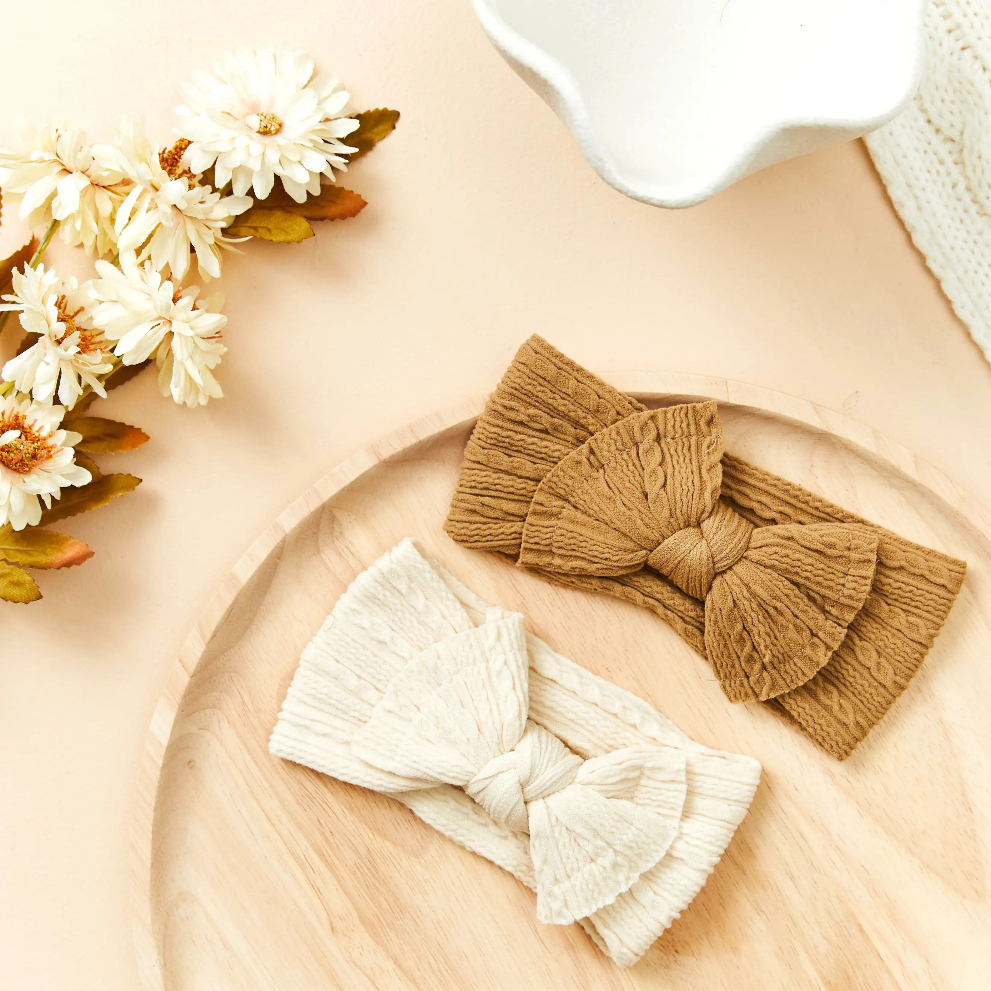 Baby Twist Cable Knit Bow Headband in Sand