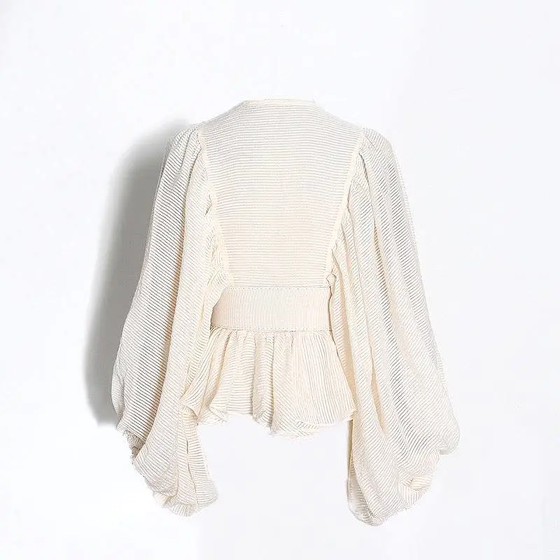 Beige Loose Sleeve Belted Button Down Top