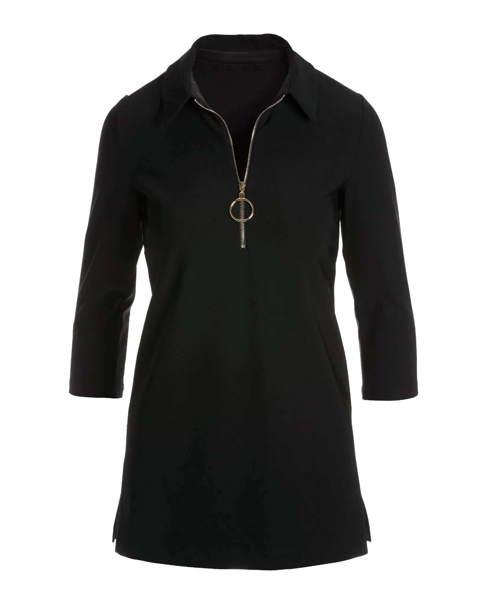 Beyond Travel Collared Ring Detail Zip Front Tunic Top Jet Black