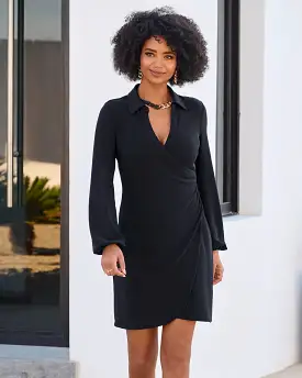 Beyond Travel Long-Sleeve Collared Wrap Dress Jet Black