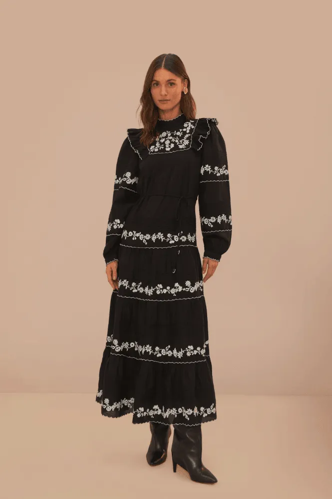 Black And White Embroidered Long Sleeve Maxi Dress