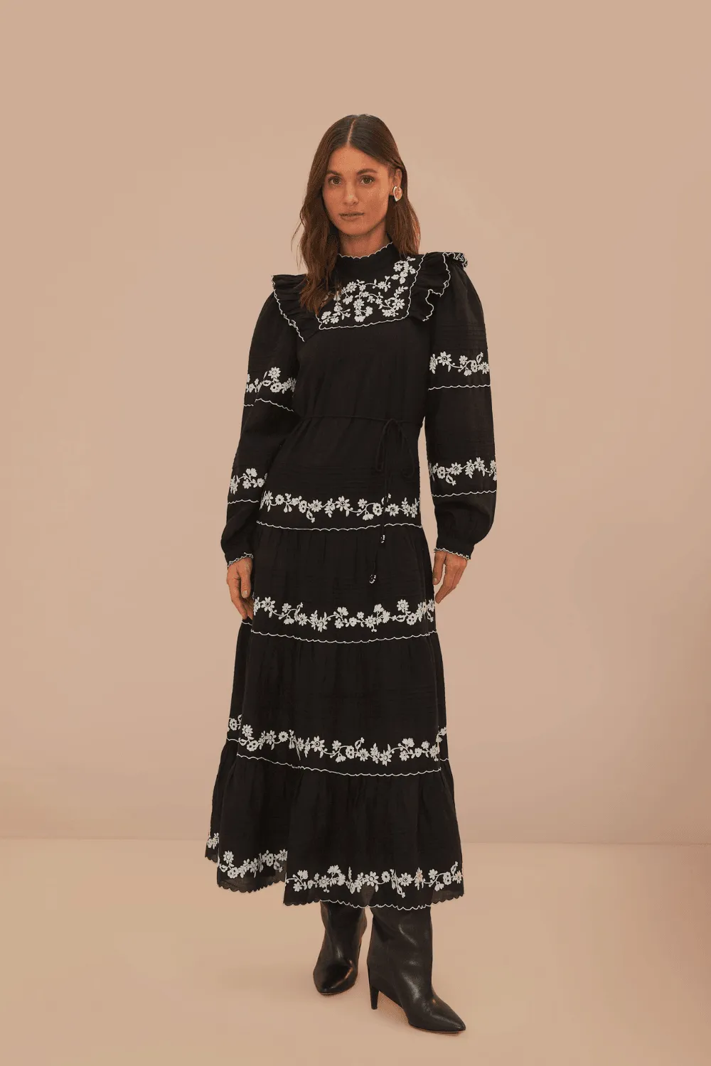 Black And White Embroidered Long Sleeve Maxi Dress