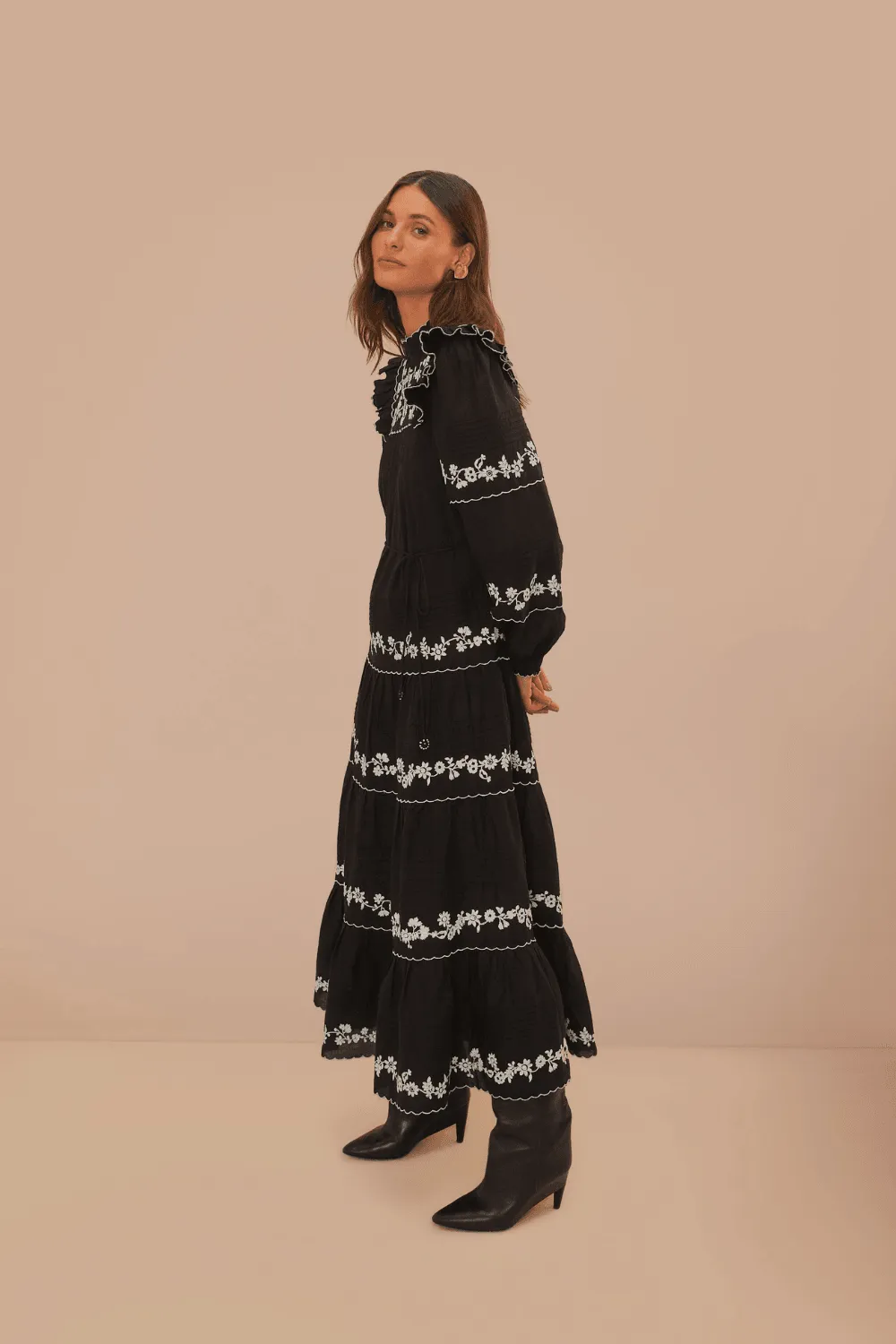 Black And White Embroidered Long Sleeve Maxi Dress