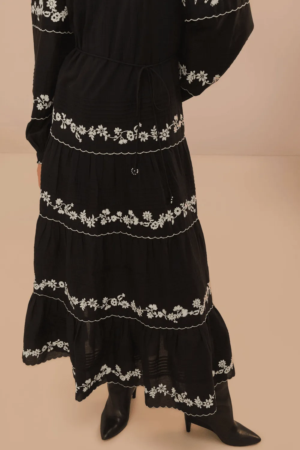 Black And White Embroidered Long Sleeve Maxi Dress