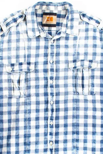 Blue Bleached Plaid Button Up Shirt