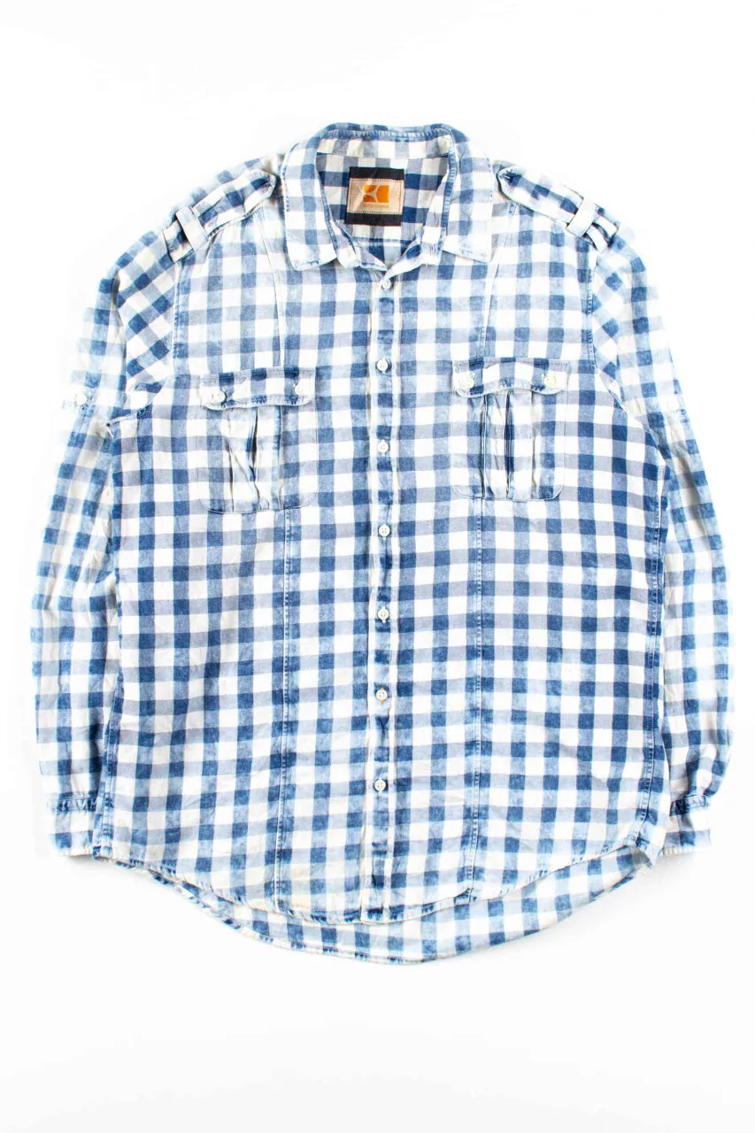 Blue Bleached Plaid Button Up Shirt