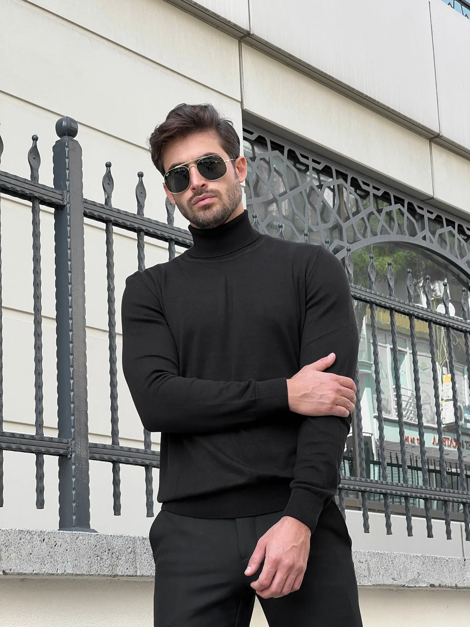 Bojoni Astoria Slim Fit Black Turtleneck Sweater