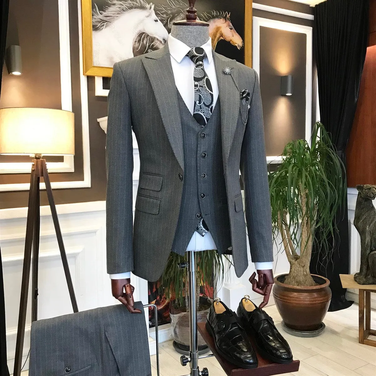 Bojoni Grey Striped Slim-Fit Suit 3-Piece