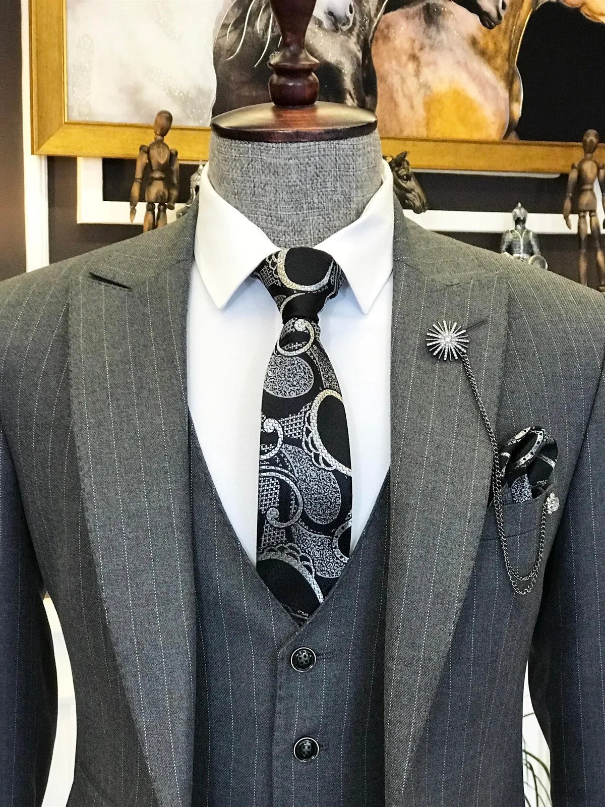 Bojoni Grey Striped Slim-Fit Suit 3-Piece