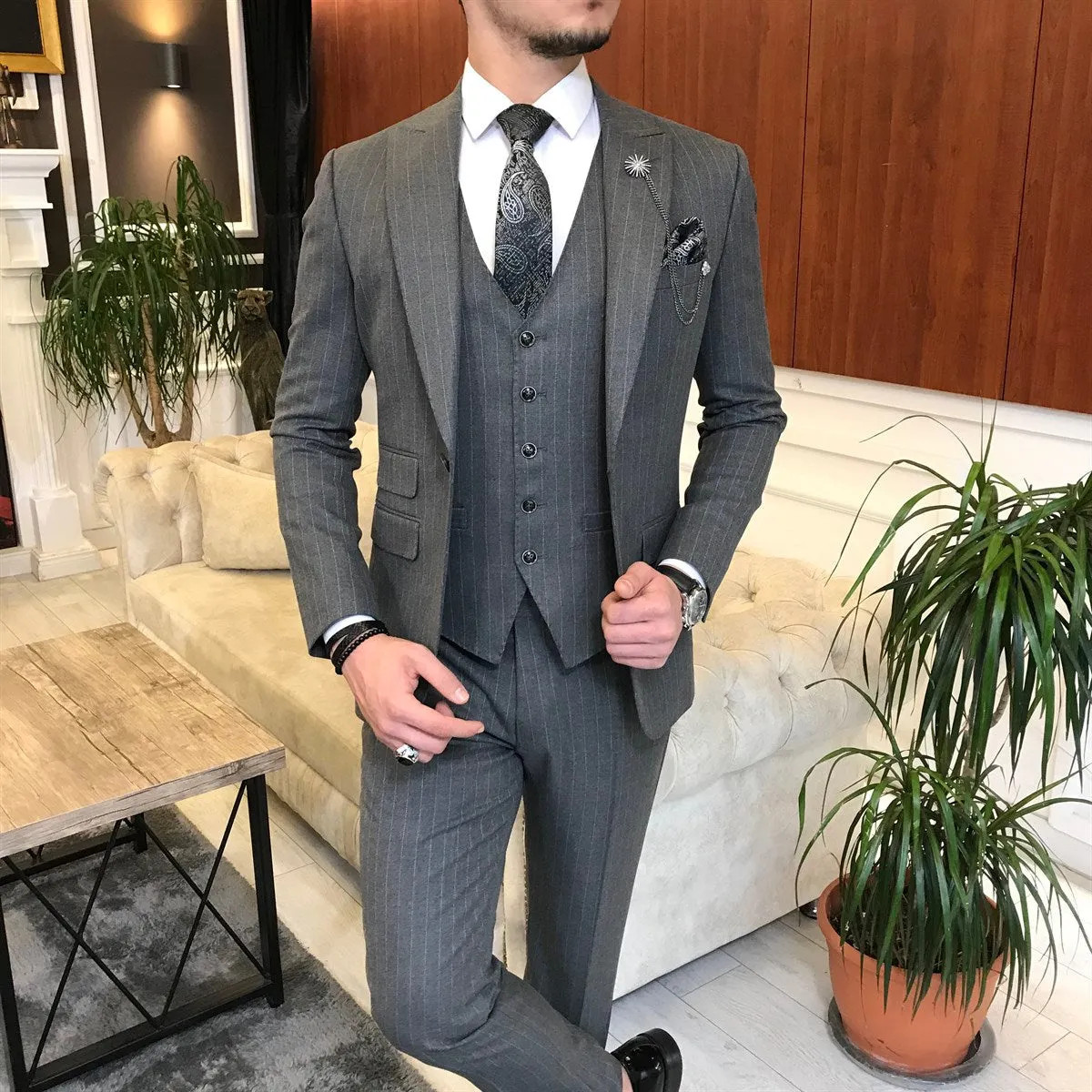 Bojoni Grey Striped Slim-Fit Suit 3-Piece