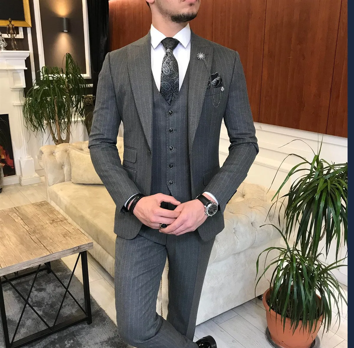 Bojoni Grey Striped Slim-Fit Suit 3-Piece