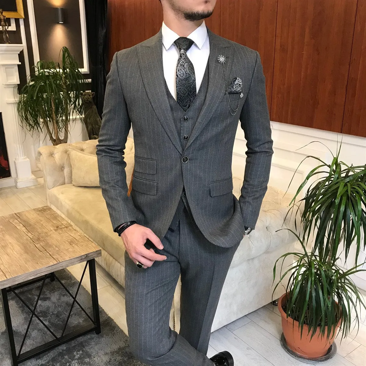 Bojoni Grey Striped Slim-Fit Suit 3-Piece