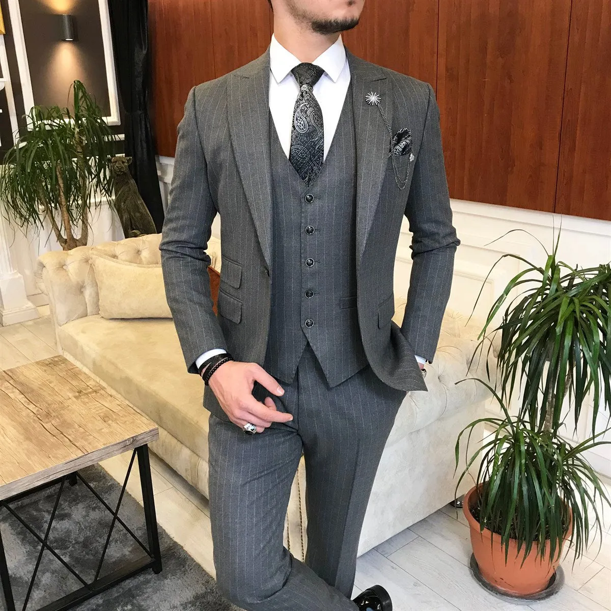 Bojoni Grey Striped Slim-Fit Suit 3-Piece