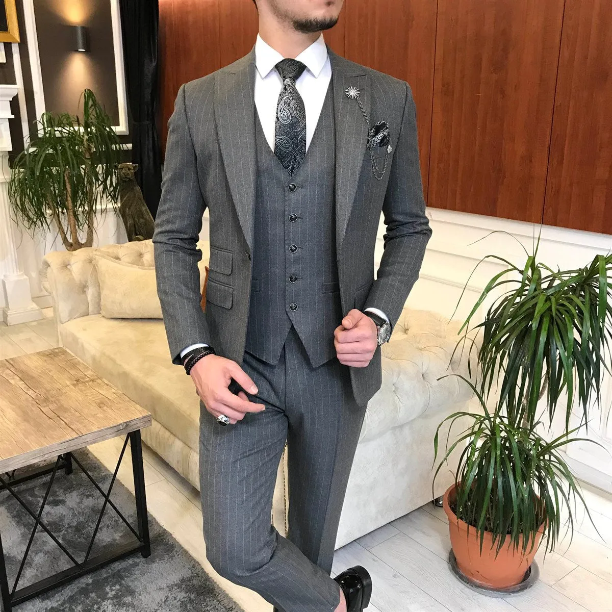 Bojoni Grey Striped Slim-Fit Suit 3-Piece