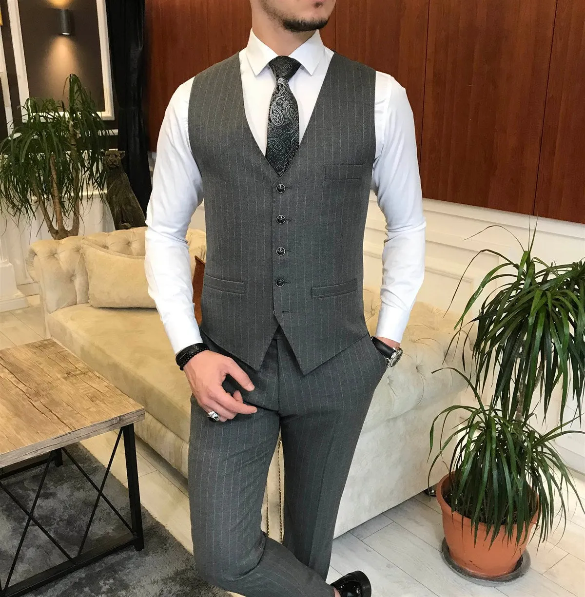 Bojoni Grey Striped Slim-Fit Suit 3-Piece