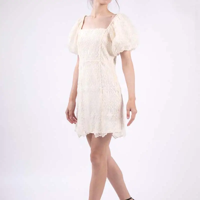 Bubble Sleeve Lace White Dress