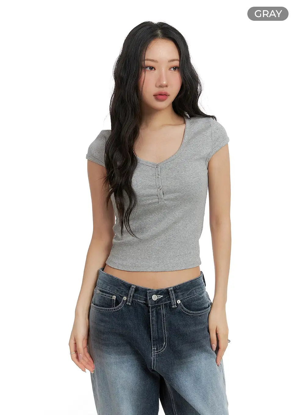 Button-Up Short Sleeve Crop Tee CM425