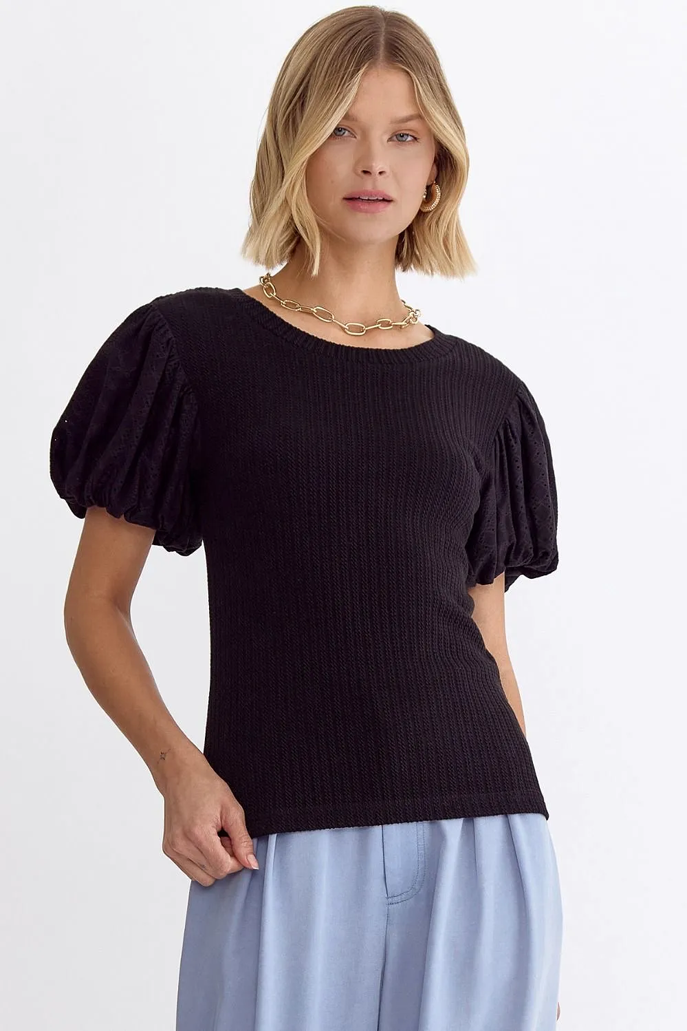 Cable Knit Bubble Sleeve Top - Black