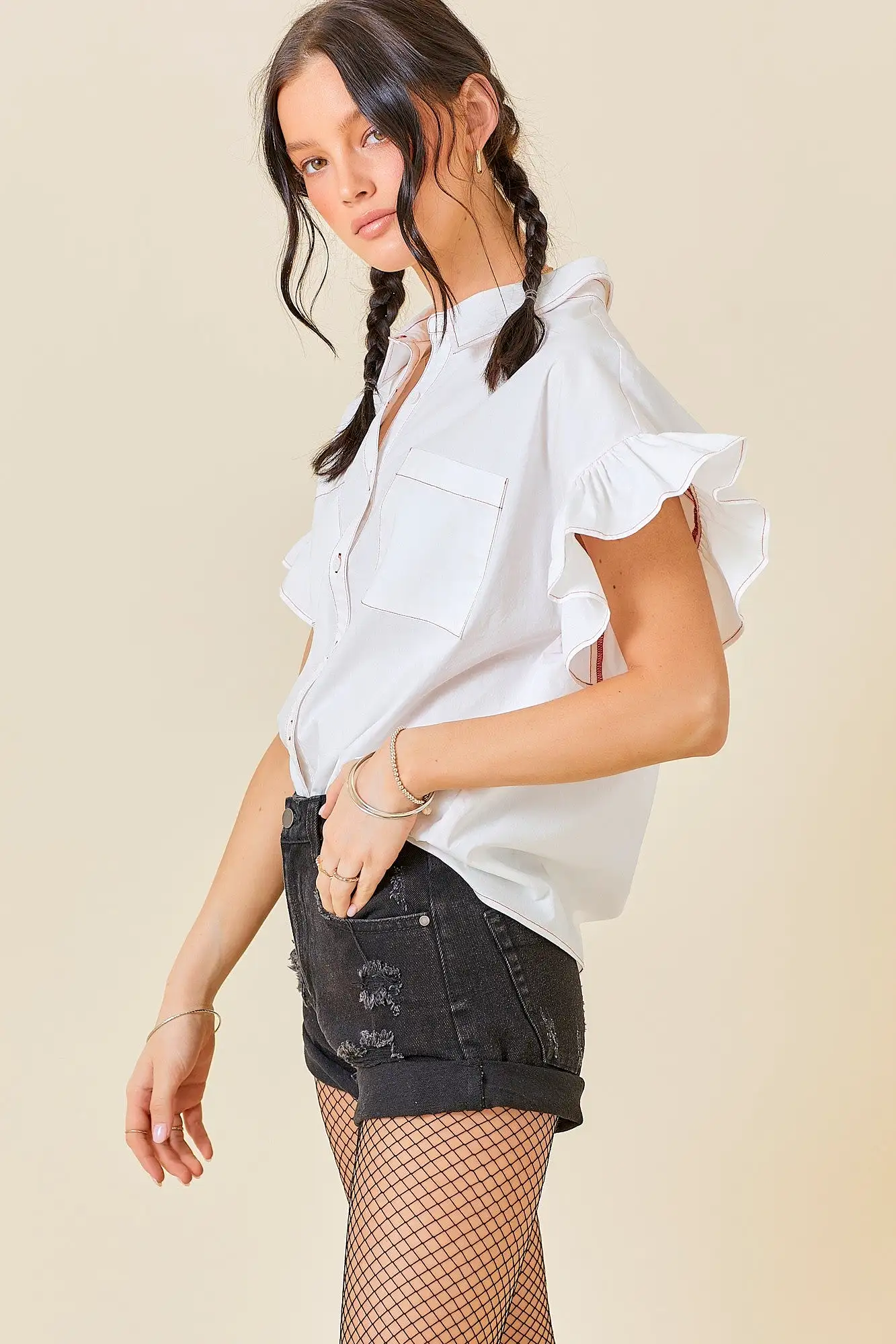 Collared Neck Short Ruffle Sleeve Button Down Top