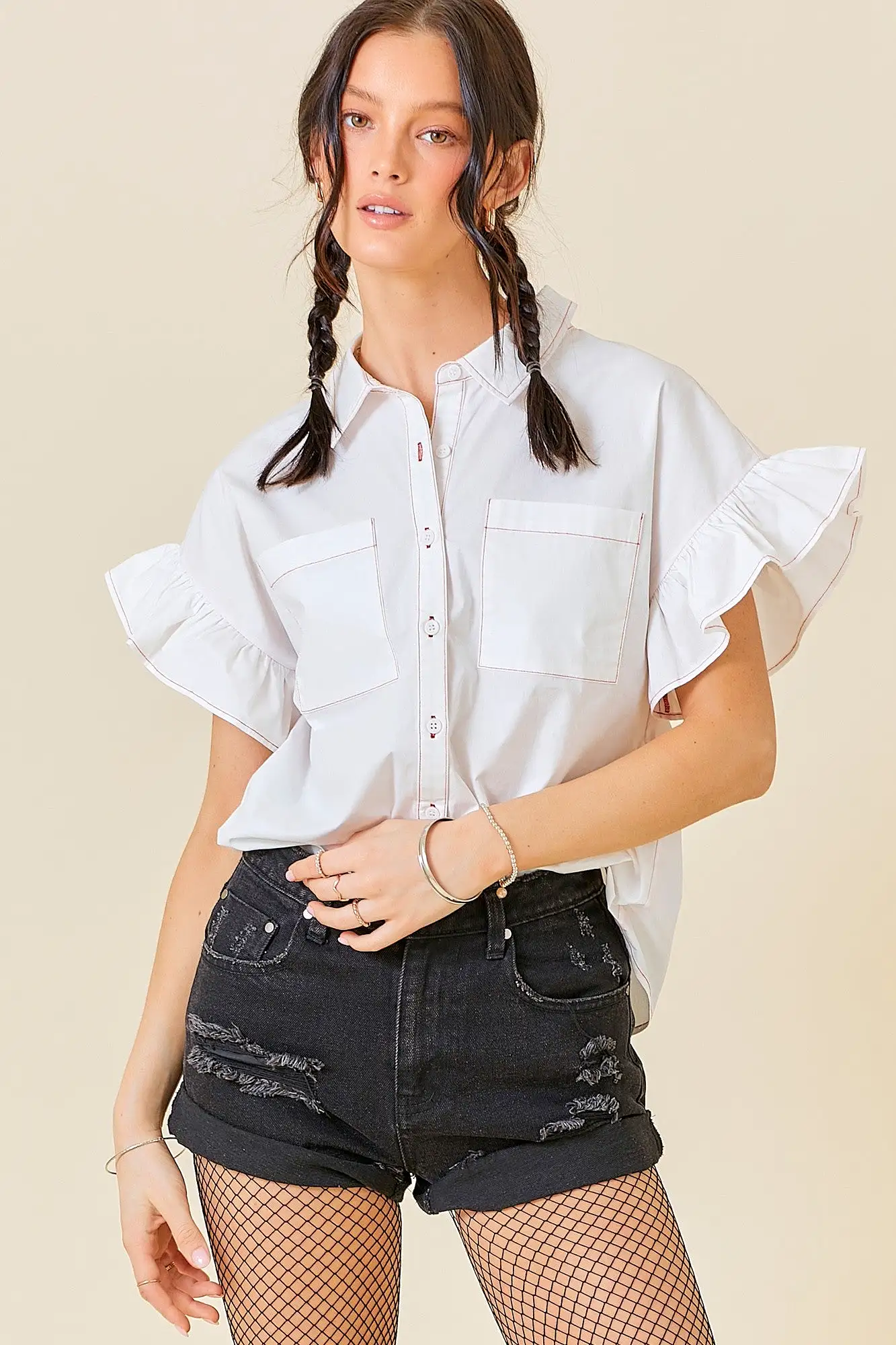 Collared Neck Short Ruffle Sleeve Button Down Top