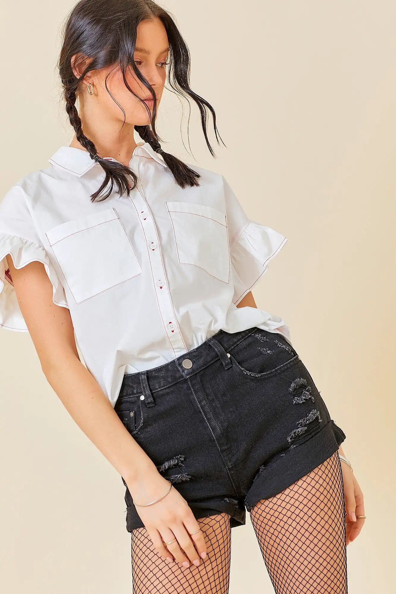 Collared Neck Short Ruffle Sleeve Button Down Top