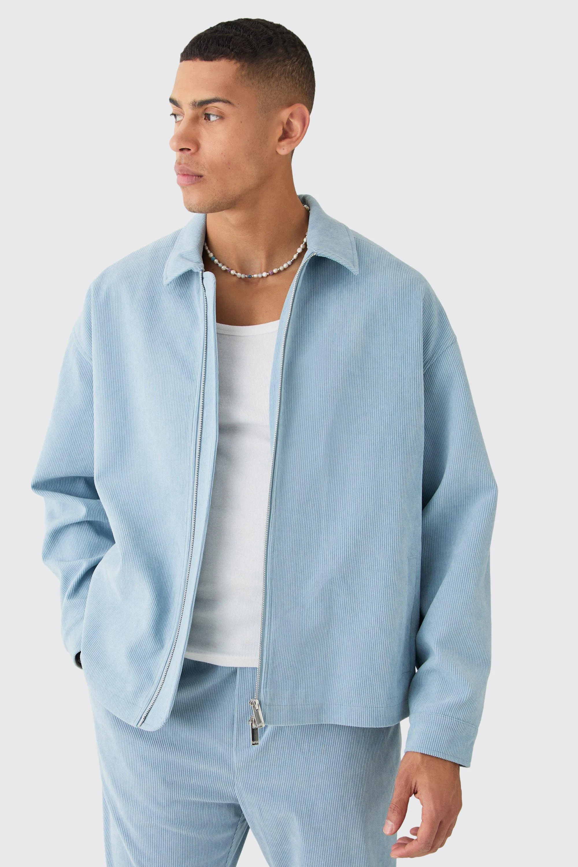 Corduroy Boxy Fit Zip Up Harrington Jacket | boohooMAN UK