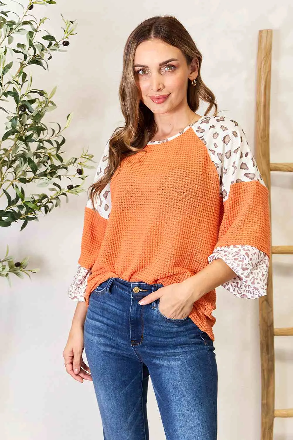 Double Take Leopard Waffle-Knit Long Sleeve Blouse