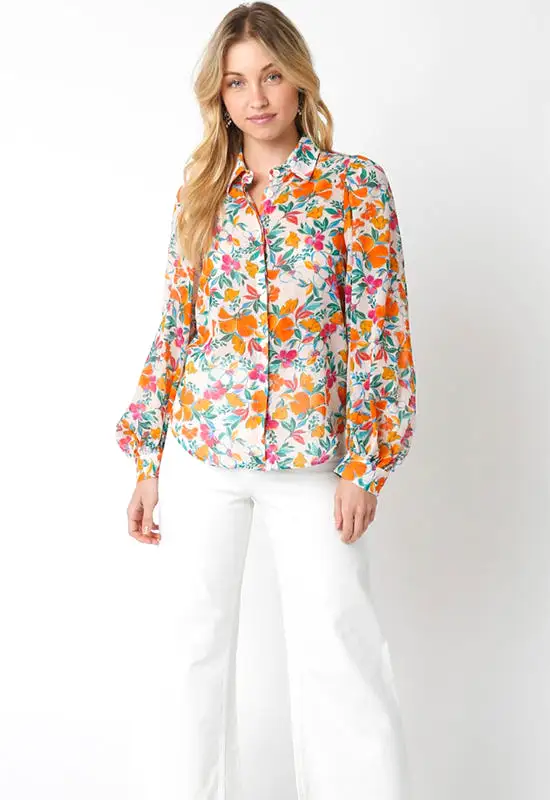 Emily Button Down Top - Cream Multi