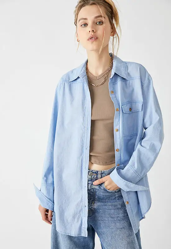 Free People - Manchester Button Down Solid Blue Combo