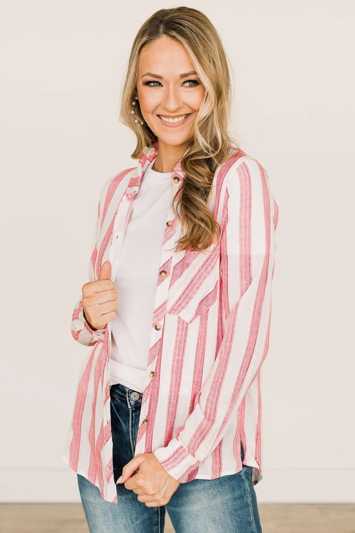 Full Of Pride Striped Button Up Top- Red