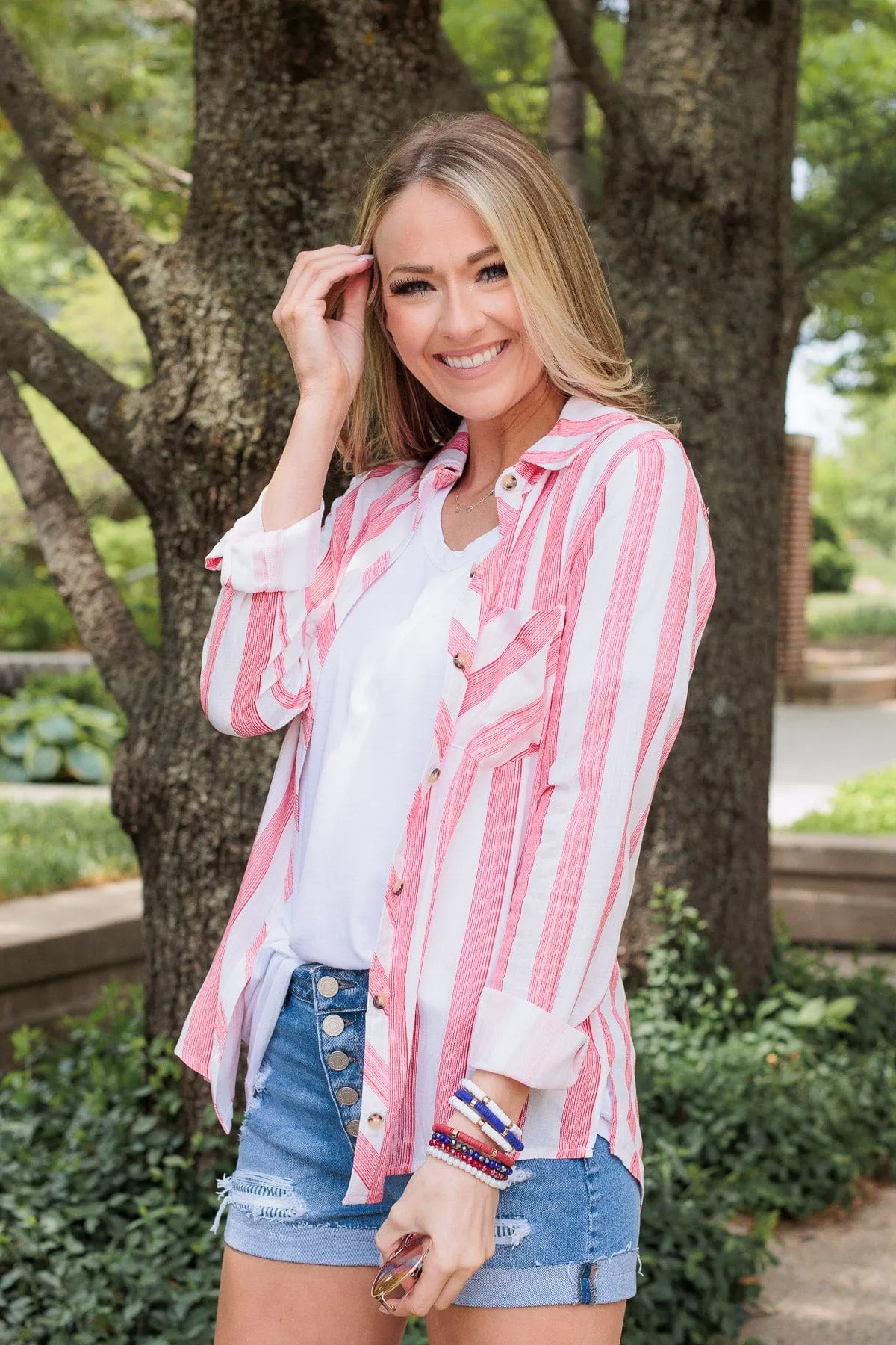 Full Of Pride Striped Button Up Top- Red