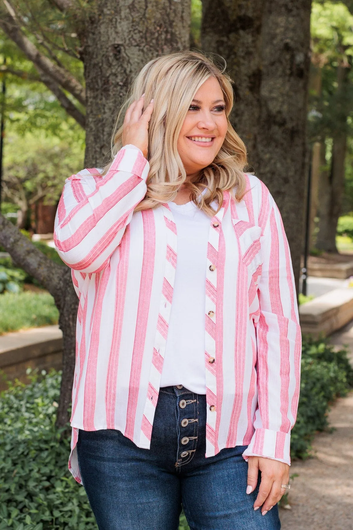 Full Of Pride Striped Button Up Top- Red