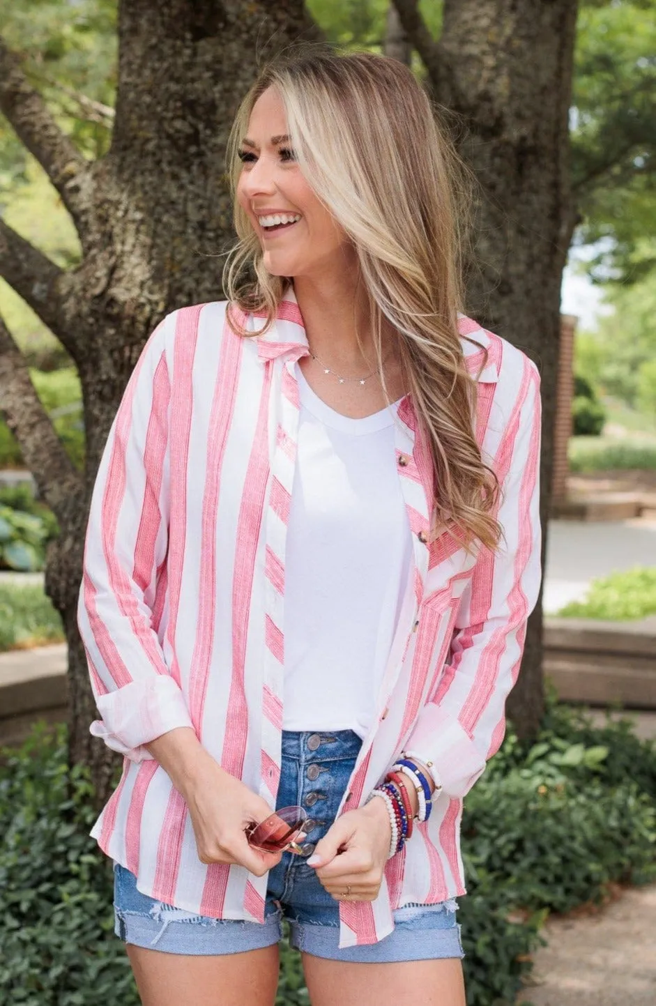 Full Of Pride Striped Button Up Top- Red