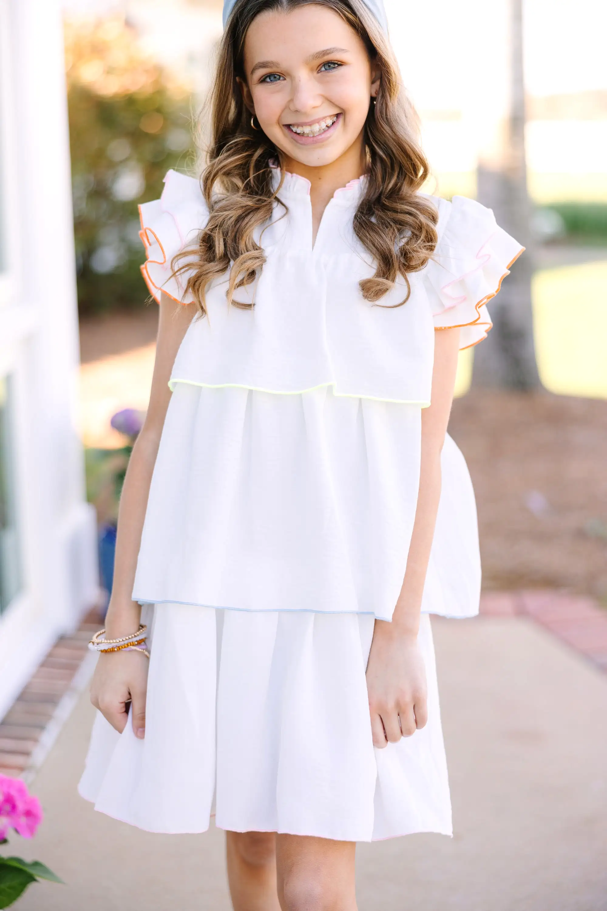 Girls: Always Cute White Colorblock Trim Ruffle Dress