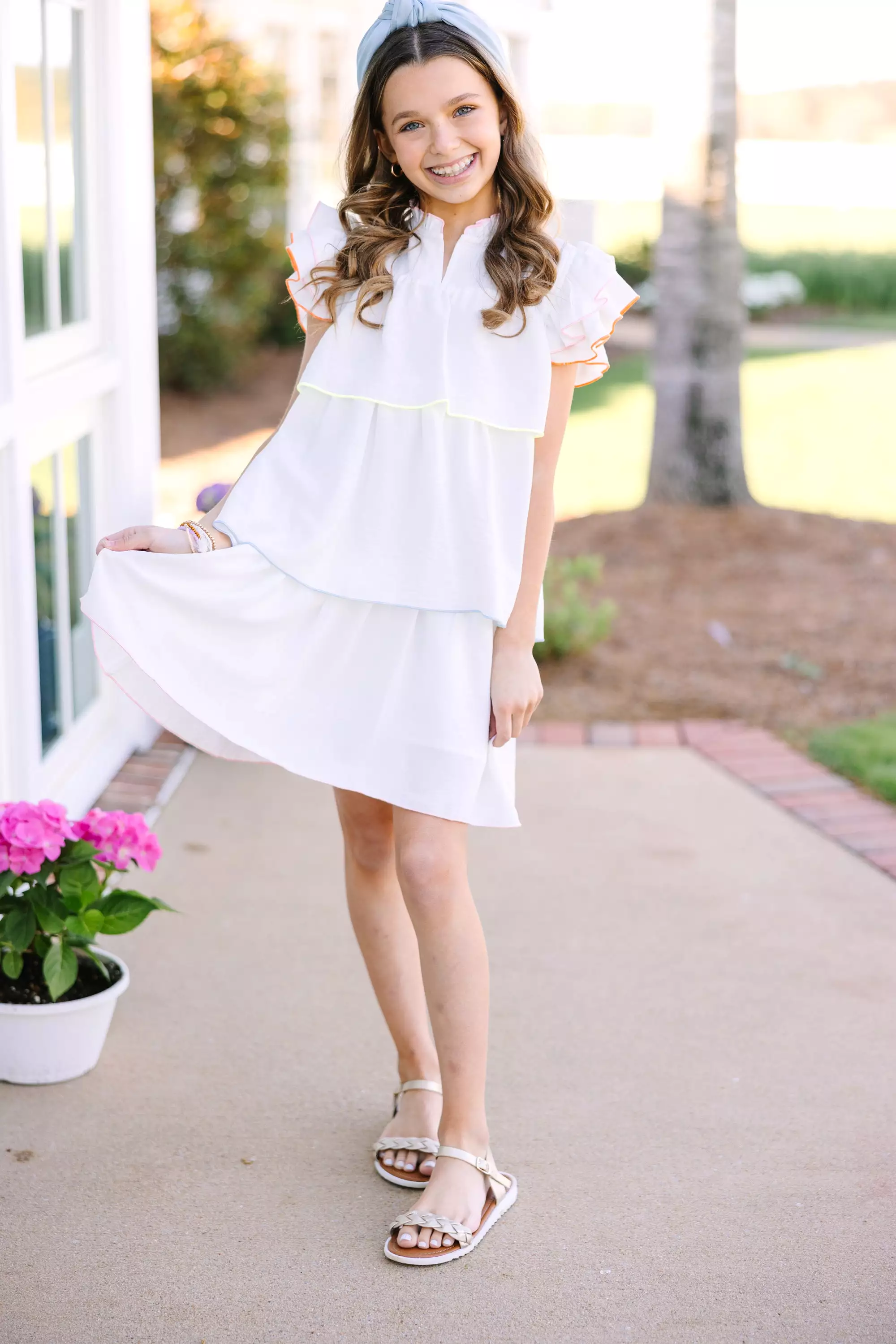 Girls: Always Cute White Colorblock Trim Ruffle Dress