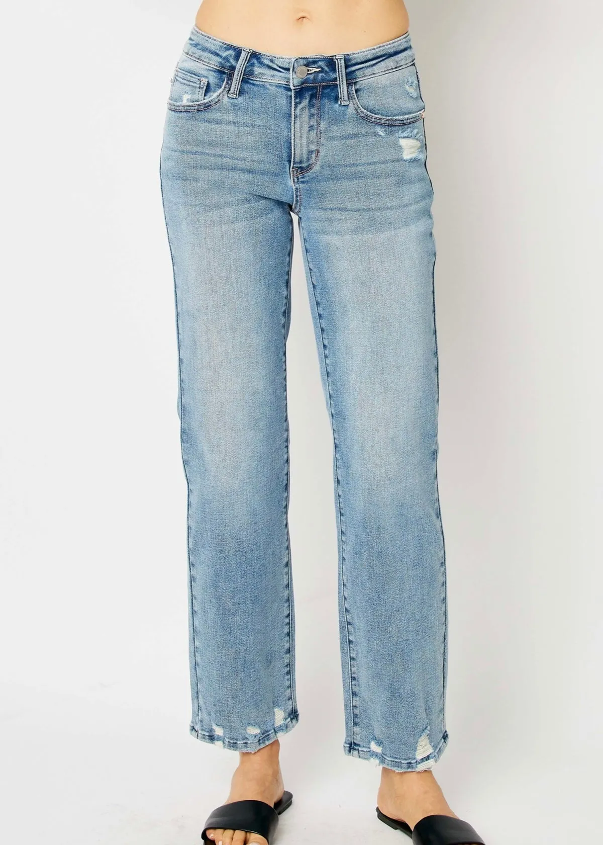 Judy Blue Mid Rise Distressed Straight Jeans