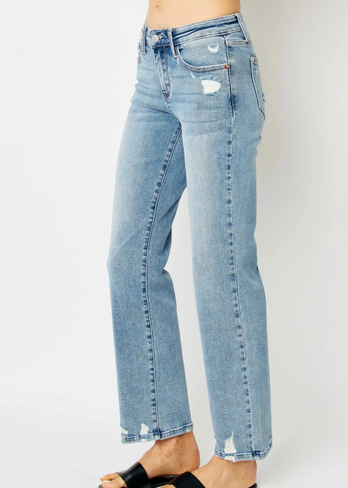 Judy Blue Mid Rise Distressed Straight Jeans