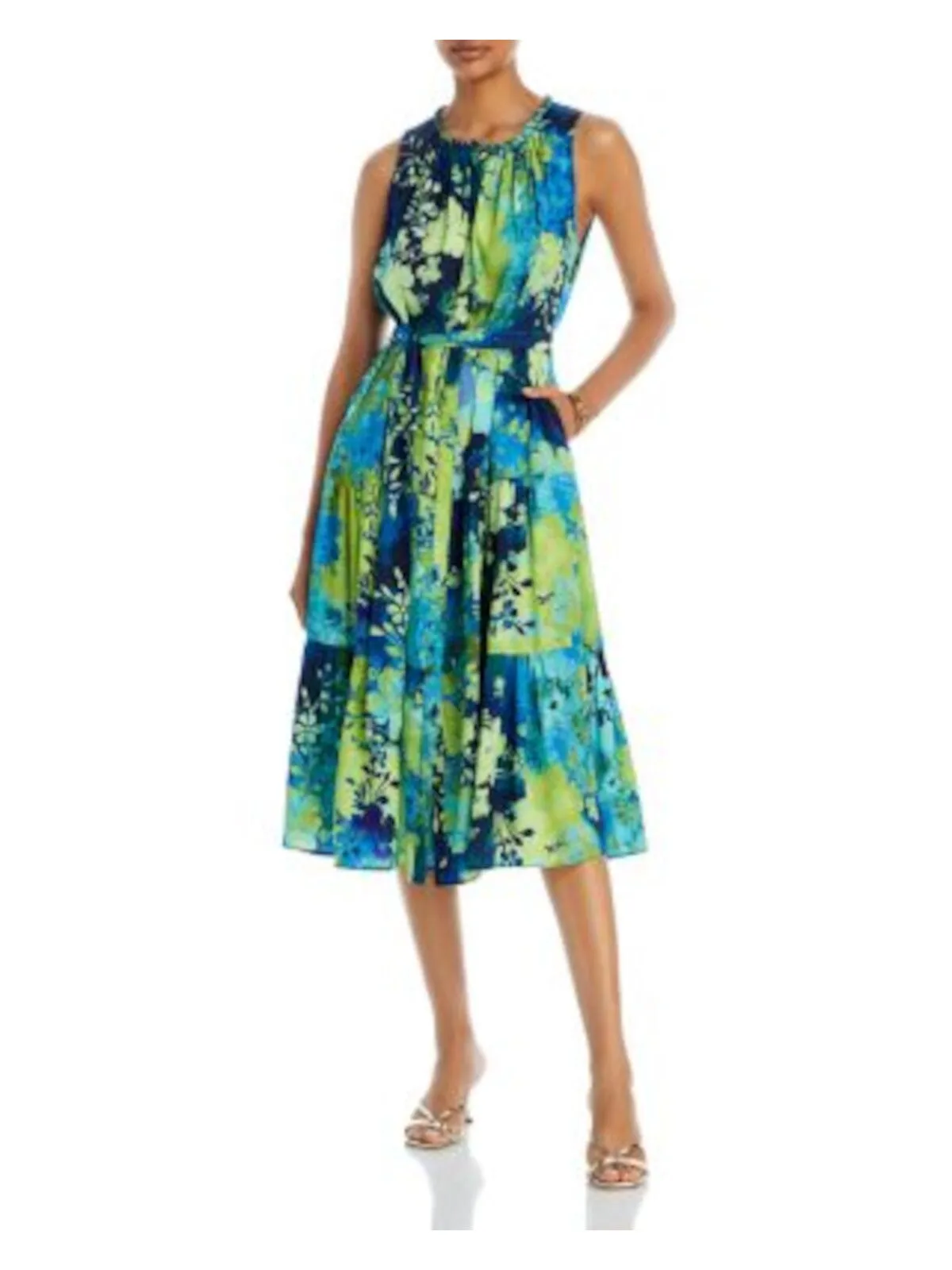 KOBI HALPERIN Womens Green Ruffled Pocketed Tie-belt Tiered Printed Sleeveless Round Neck Midi Fit + Flare Dress