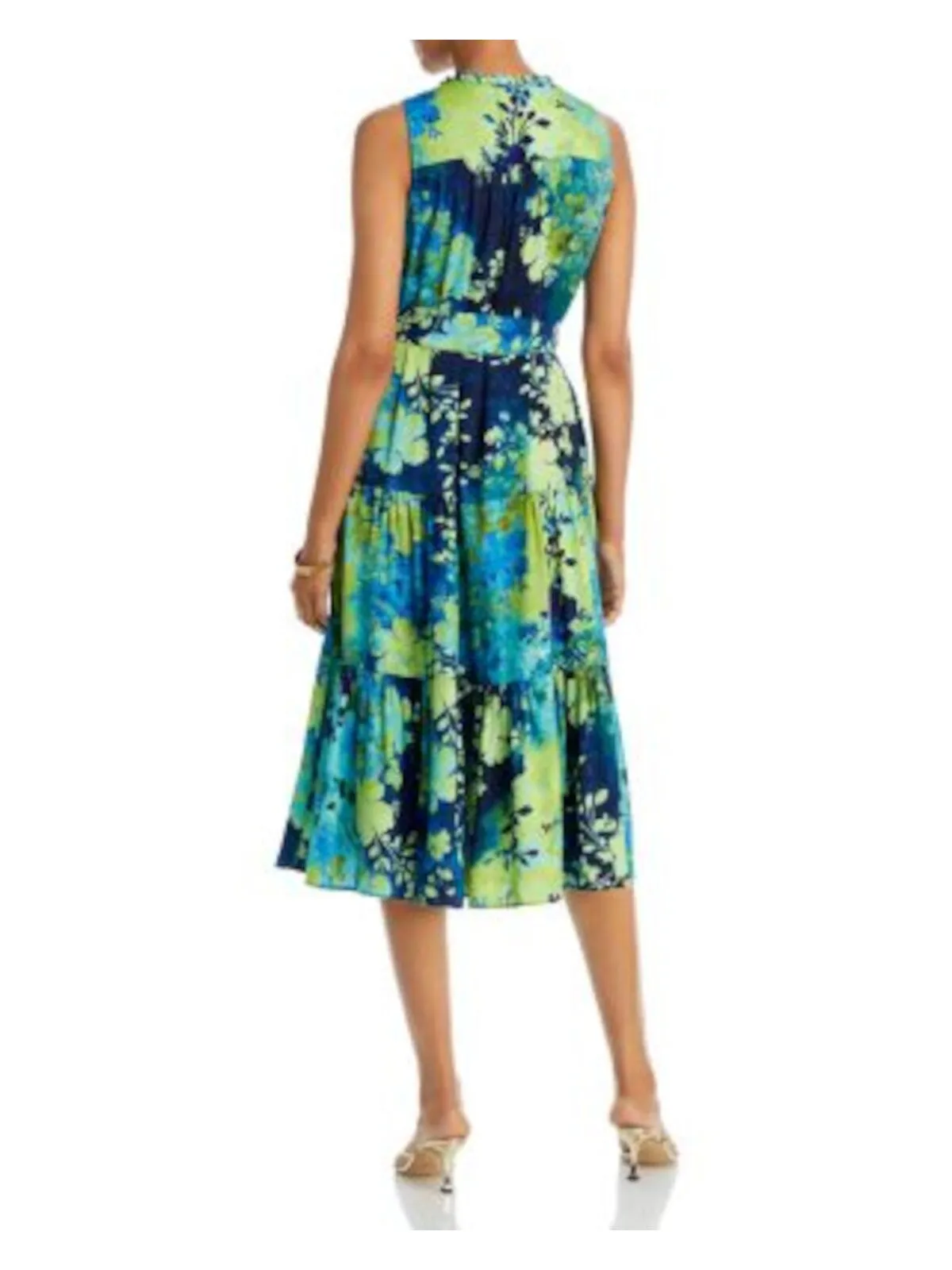 KOBI HALPERIN Womens Green Ruffled Pocketed Tie-belt Tiered Printed Sleeveless Round Neck Midi Fit + Flare Dress