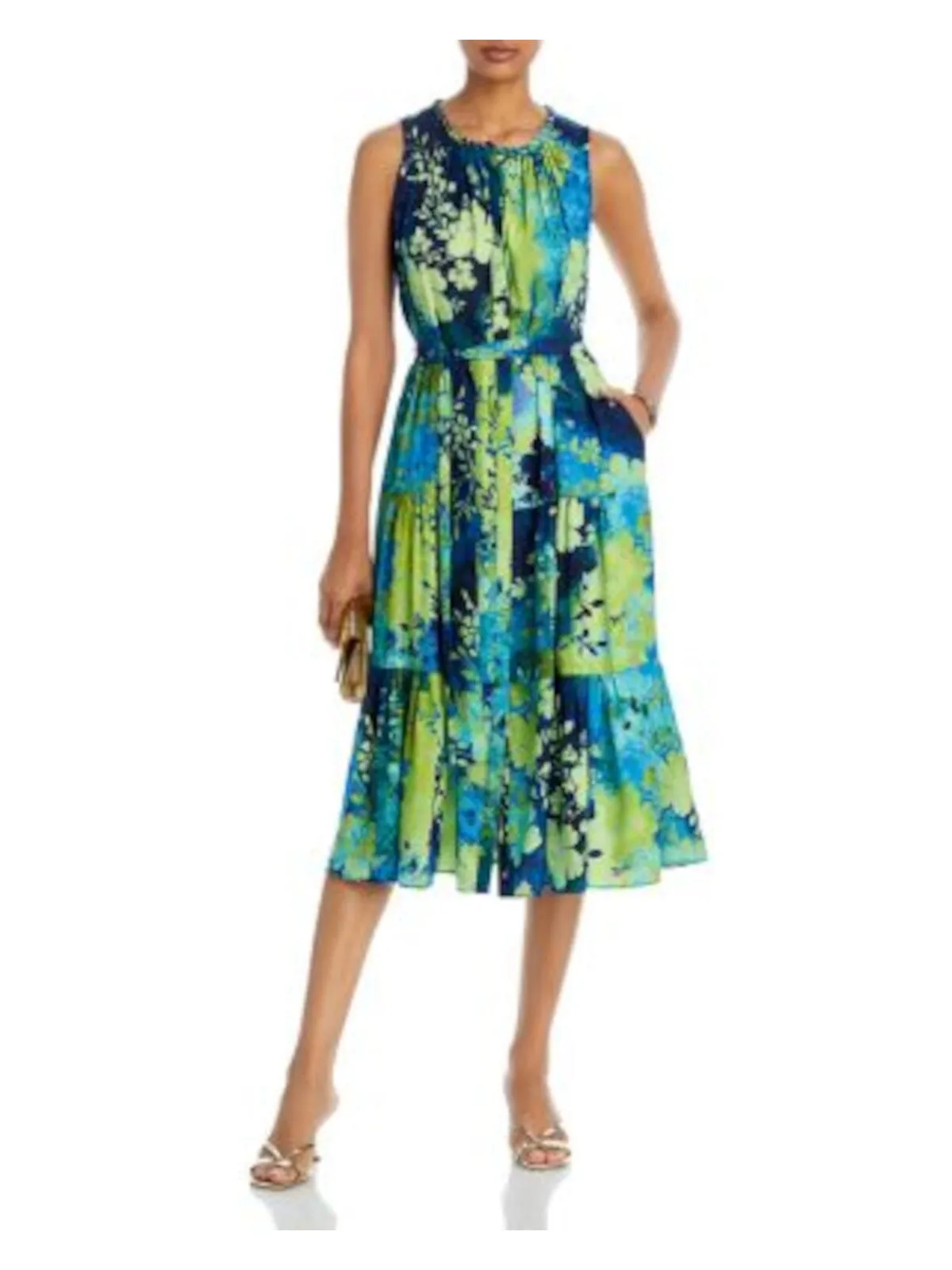 KOBI HALPERIN Womens Green Ruffled Pocketed Tie-belt Tiered Printed Sleeveless Round Neck Midi Fit + Flare Dress