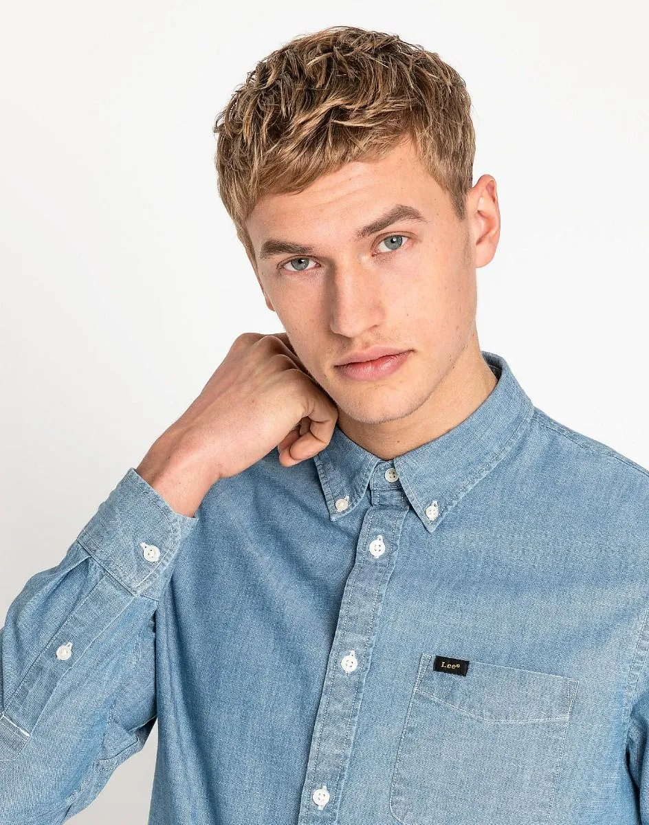 Lee Long Sleeve Button Down Plain Shirt Blue Print