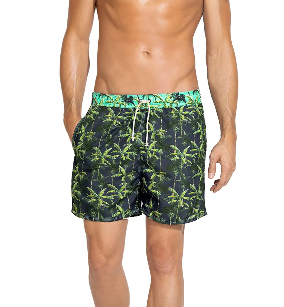 LEO Men's Short Loose Fit Contrast Swim Trunk (505024) - Palm Trees Navy